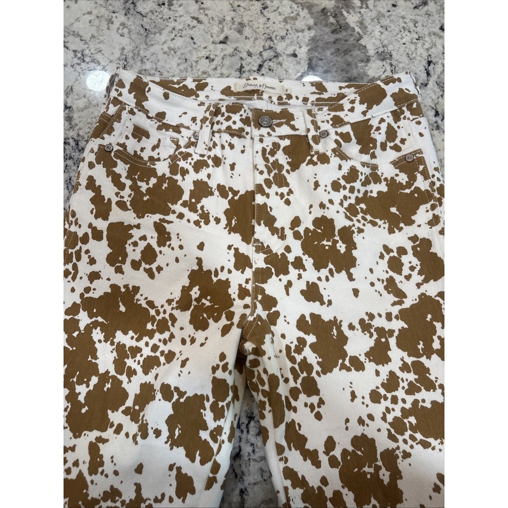 Grace & Emma Cow Print Flare Jeans Size 8 Western Bootcut Raw Hem Stretch Denim - Picture 10 of 16